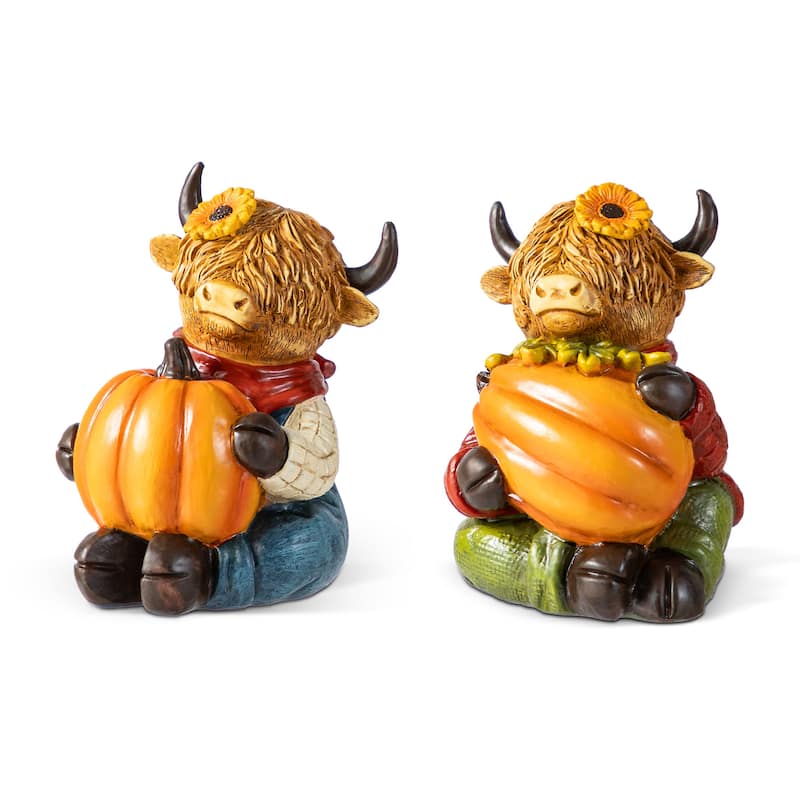 Glitzhome 2-Piece 4.25" H Thanksgiving Handcrafted Highland Cow Figurines Resin Table Decor - 36"H