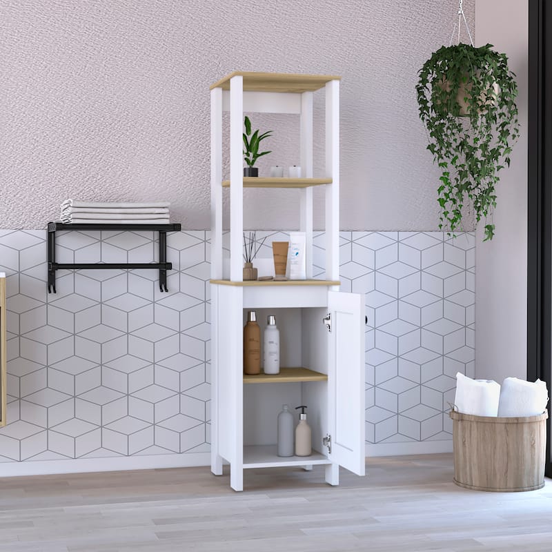 Linen Bathroom Storage Cabinet, Engineered Wood Bathroom Organizer, Freestanding Cabinet with 2 Open & 2 Interior Shelves