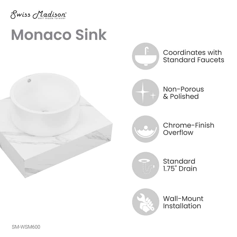 Monaco 24" Floating Bathroom Shelf With Vessel Sink In White Marble - 23.75" x 21.81" x 9.49"