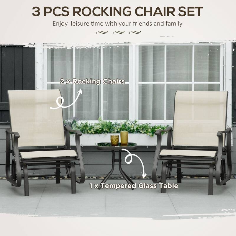 Outsunny 3-Piece Outdoor Gliders Set Bistro Set with Steel Frame,Tempered Glass Top Table for Patio, Garden, Backyard, Lawn