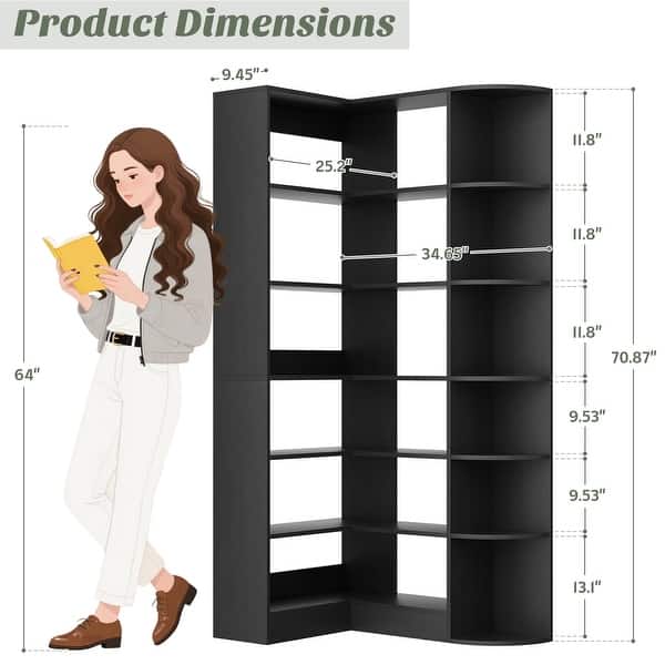 dimension image slide 2 of 3, 6-Tier Corner Bookshelf, 71" H Freestanding L-Shaped Book Shelf with Baffle, Corner Open Display Shelf Bookcase