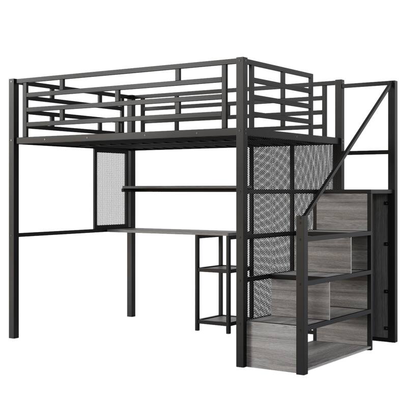 Black Full Size Metal Loft Bed with Wardrobe, Desk, and Storage Shelves