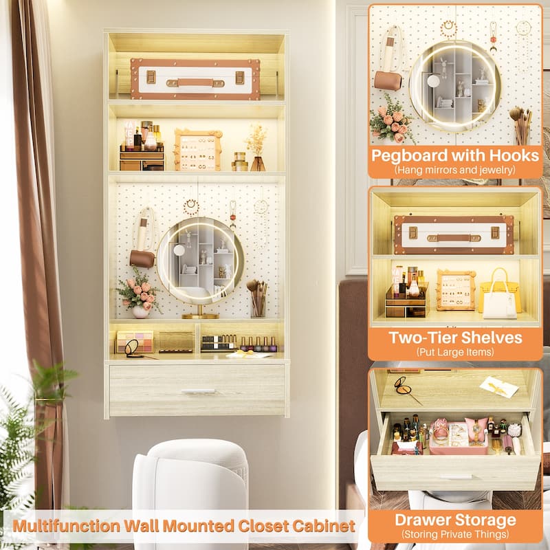 25'' W Hanging Closet System with Vanity Desk, Closet Organizer with Wood Drawer and Storage Shelves and Magnetic Pegboard