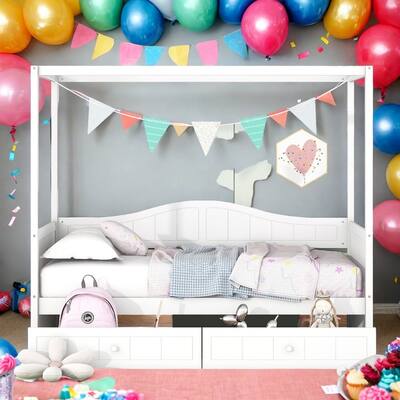 Modern Design Twin Size Wooden Canopy Bed, Day Bed with 2 Drawers,White