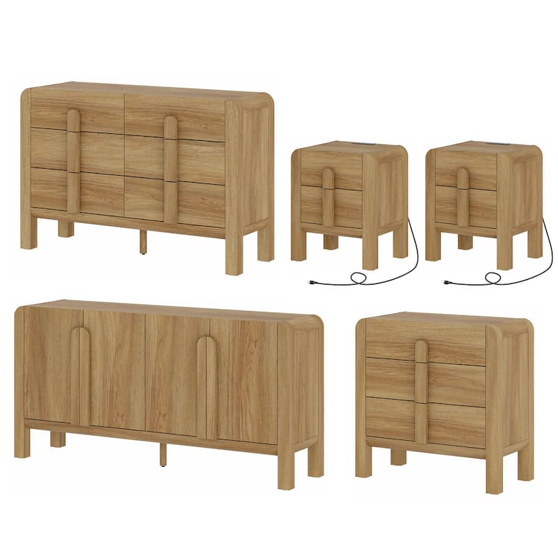 5 Pcs Wood Dresser and Nightstand Sets for Bedroom，Mid-Century Modern Bedroom Set with Curved Profile Design - Walnut