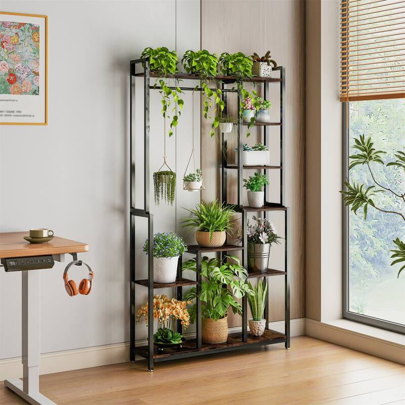 Tall Indoor Plant Stand Flower Holder Storage Stand with Hanging Rod or Clothes Rack