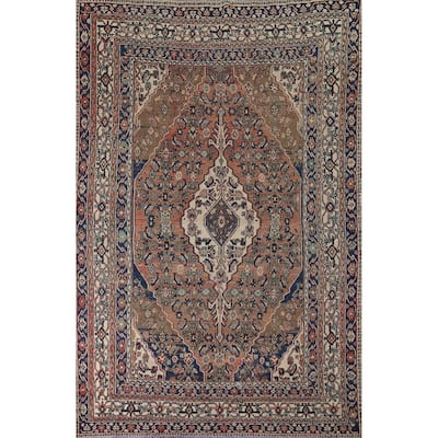 Geometric Hamedan Vintage Persian Area Rug Hand-Knotted Wool Carpet - 7'2" x 10'4"