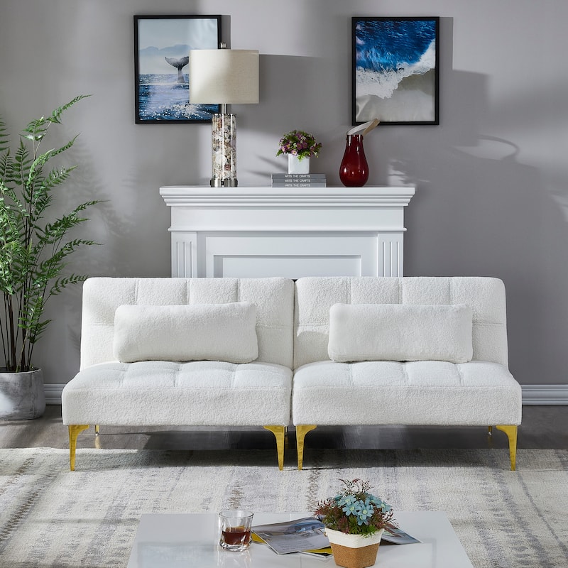 Modern Versatile Futon Loveseat Sofa, 71" Convertible Sofa Bed w/Gold Metal Legs, Teddy Fabric Living Room 2-Seater Sofa Couch