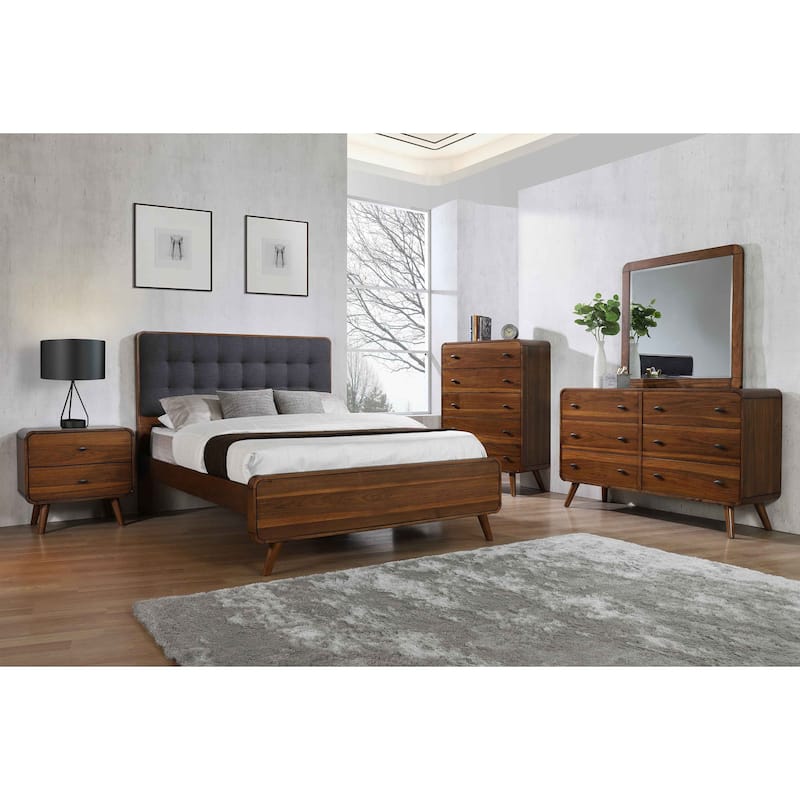 Dark Walnut Eastern King Platform Bed with Tufted Upholstery and Storage Drawers