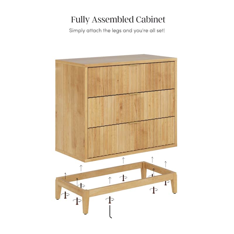 Jasper Mid-Century Modern 3-Drawer Dresser with Solid Wood Frame and Fluted Door Fronts