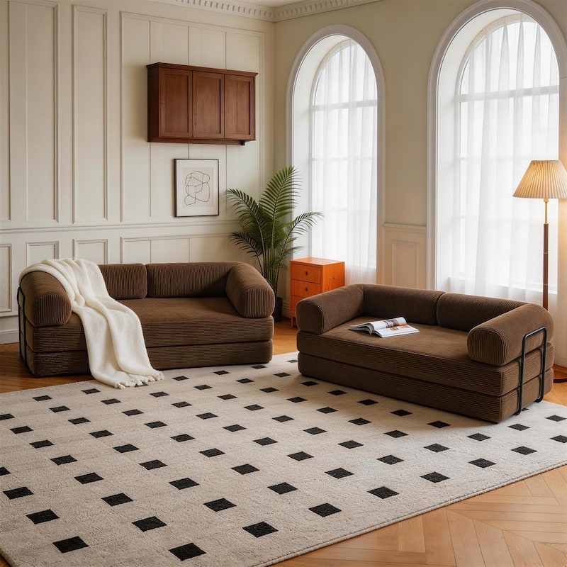 Set of 2 Corduroy Fully Compressed Convertible Sleeper Sofa with Metal Frame