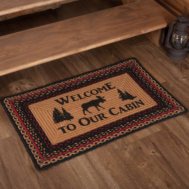 Cumberland Stenciled Moose Jute Rug Rect Welcome to the Cabin 20x30 - 5'x8' - 5'x8' - Tan