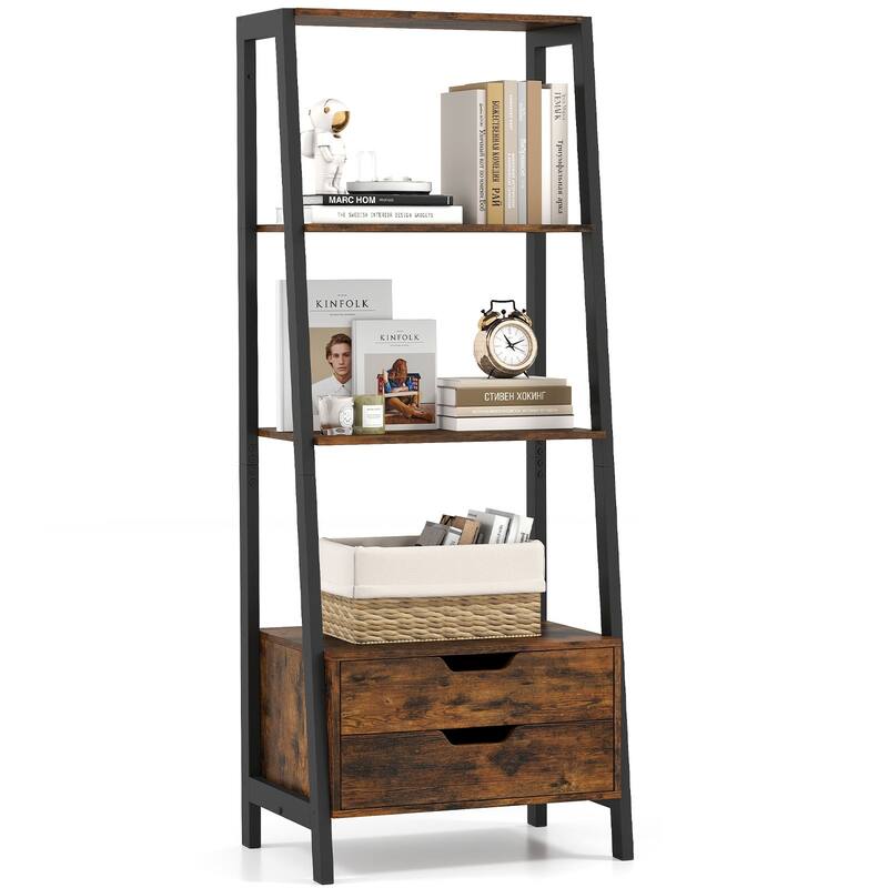 Gymax 4-tier Bookshelf w/ 2 Storage Drawers Sturdy Metal Frame - Brown