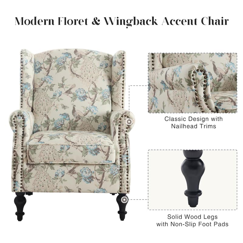 HOMYKA 29'' Wide Floral Pattern Wingback Accent Armchair with Nailhead Trim