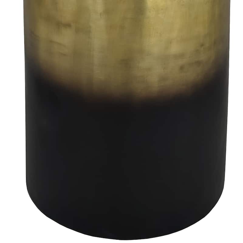 Dyan 20 Inch Side End Table, Round Drum Shape, Black Gold, Antique Brass Ombre
