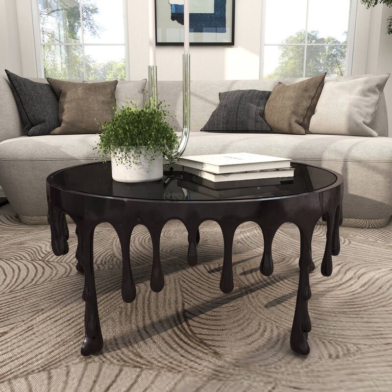 Aluminum Metal Accent, Console, and Coffee Table Collection with Drip Melting Design and Smoke Shaded Glass Top Multiple Colors
