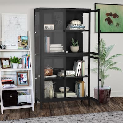 Four Glass Door Storage Cabinet with Adjustable Shelves and Feet Cold-Rolled Steel Sideboard Furniture