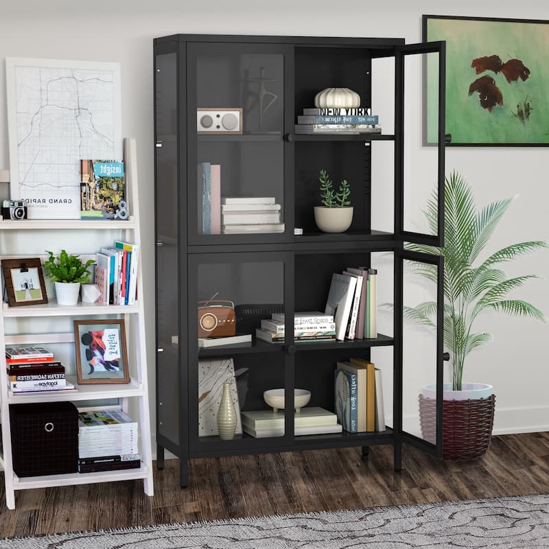 Glass Door Cabinet with Adjustable Shelves for Kitchen Living Room