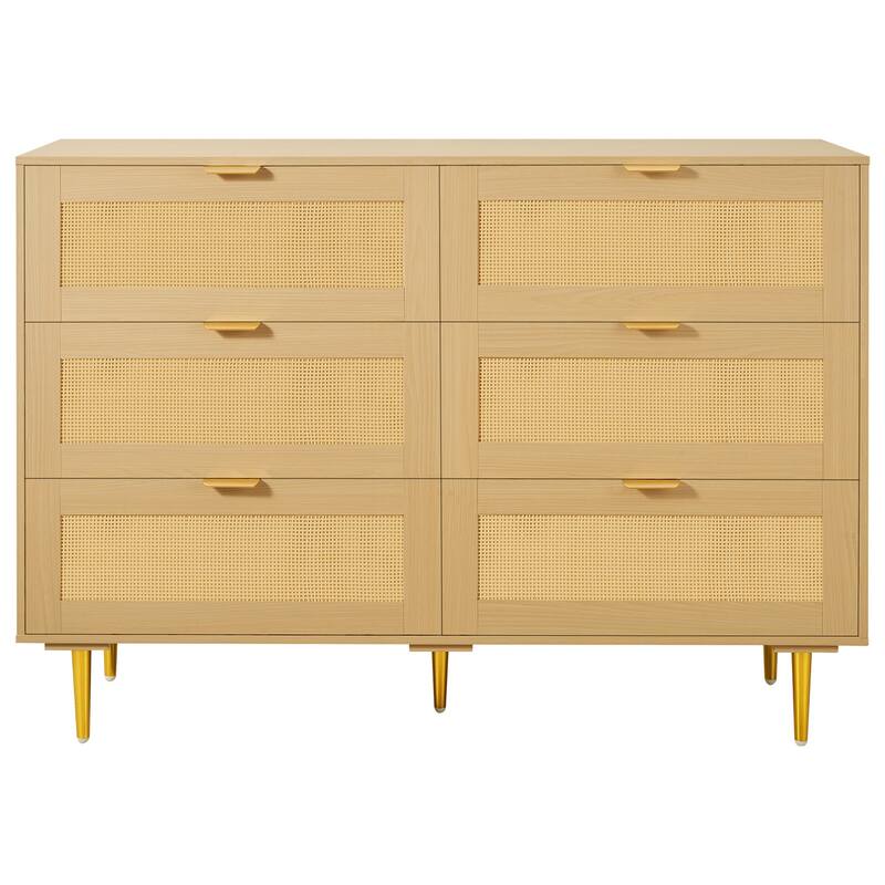 6 Drawer Rattan Dresser Chest of Drawers with Metal Handles, Clothing ...
