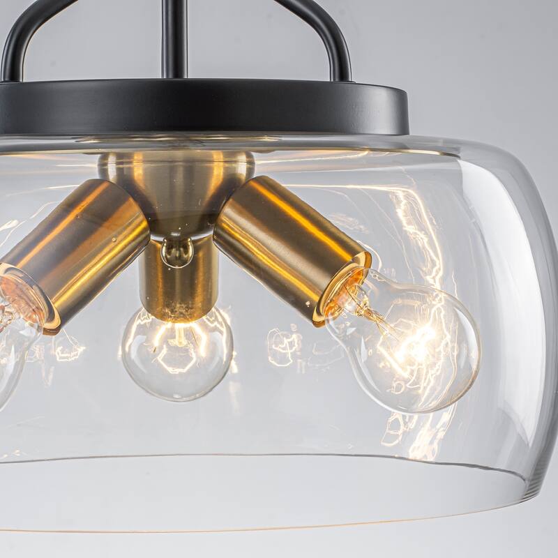 13" W 3-Light Modern Industrial Black Metal Semi-flush Mount Ceiling Light with Clear Dome Glass