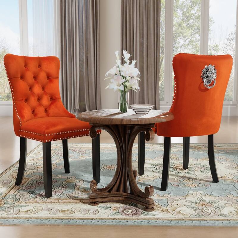 Tufted Naliheads Solid Wood Upholstered Dining Chairs (Set of 2) - Orange BlackLegs