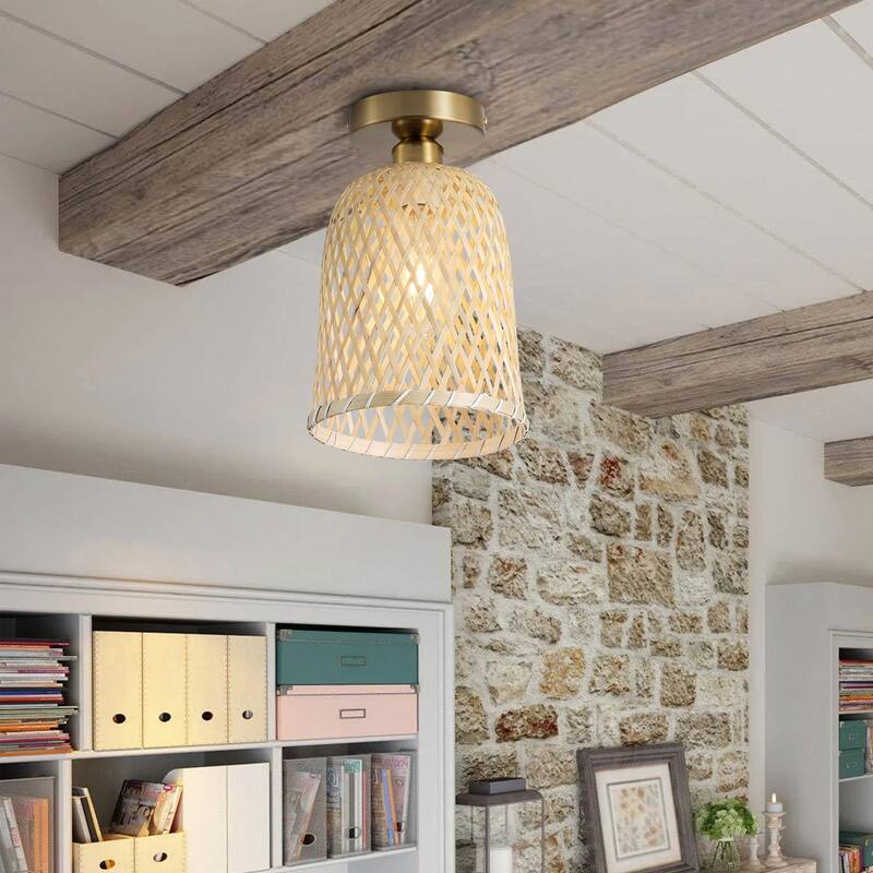 Farmhouse Brushed Gold 1-Light Semi Flush Mount Ceiling Light with Bamboo Weave Shade