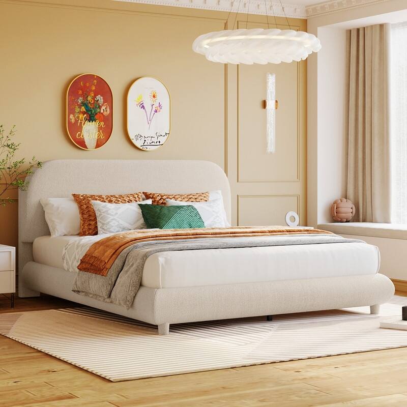 Full/Queen Size Teddy Fleece Upholstered Bed with Thick Fabric, Platform Bed Frame with Headboard & Stylish Curve-shaped Design - Beige - Queen