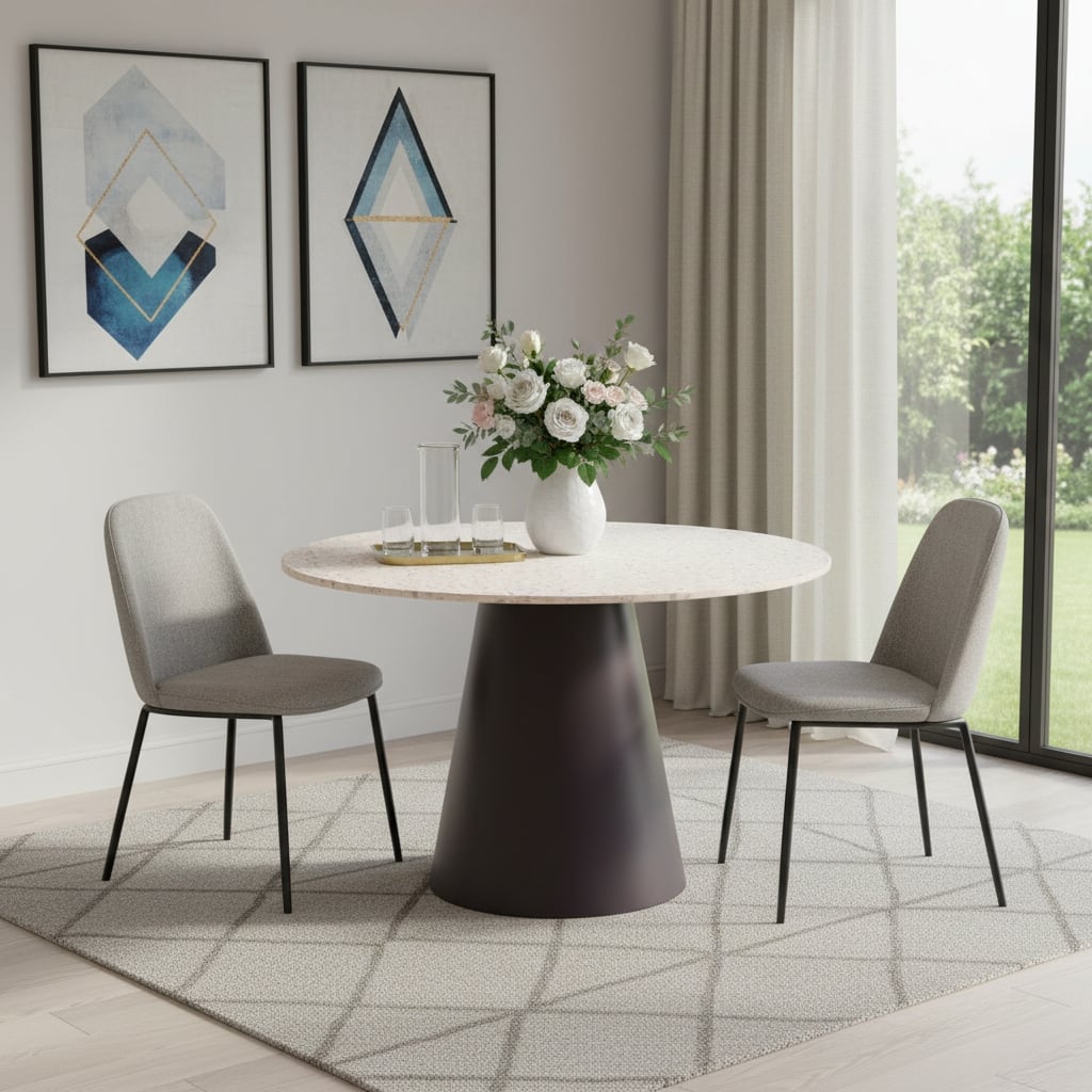 HomeRoots 48" Beige and Black Wood and Steel Faux Terrazzo Round Top Dining Table - 48.00 in. x 29.50 in. x 48.00 in.