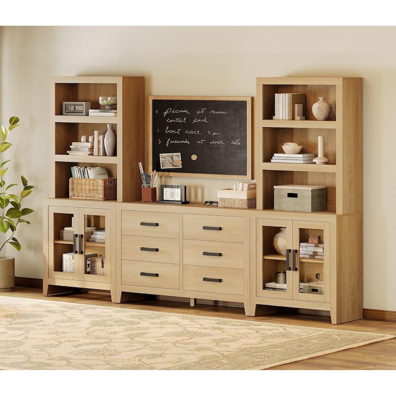 WAMPAT Farmhouse Entertainment Center with Bookshelves, Media Console with Glass Doors & 6 Storage Drawers - Oak