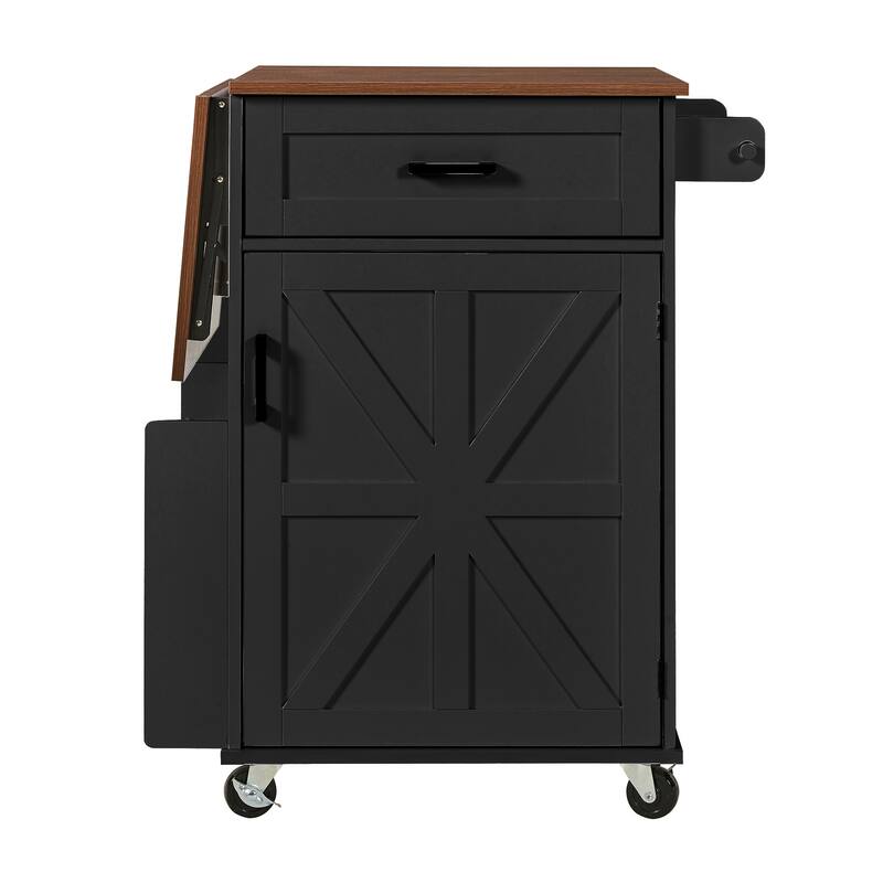 Anmytek 39.3" Farmhouse Rolling Kitchen Island with Drop Leaf, Storage, Lockable Wheels, Black