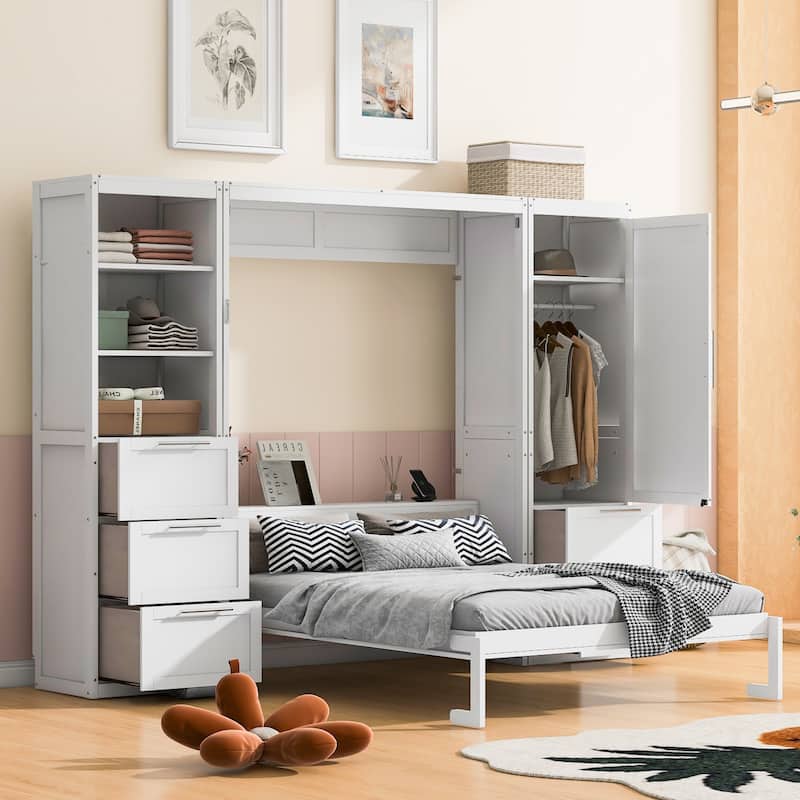 Foldable Queen Size Murphy Bed Flip Design Storage Wall Cabinet Bed with Wardrobe, Drawers, Open Shelves and Adjustable Layout