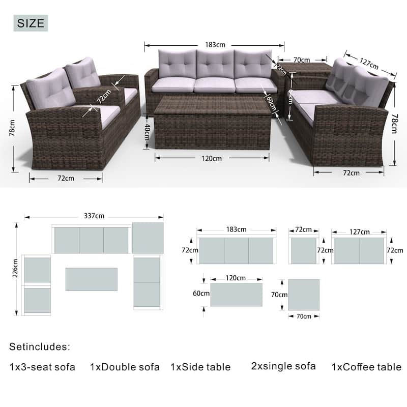 7-piece Outdoor Aluminum Handwoven Rattan Conversation Sofa Set with Adjustable Fire Pit