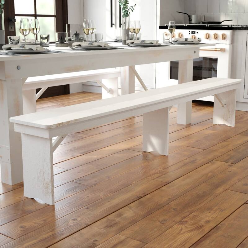 8' x 12" Antique Rustic Solid Pine Folding Farm Bench with 3 Legs - Antique Rustic White