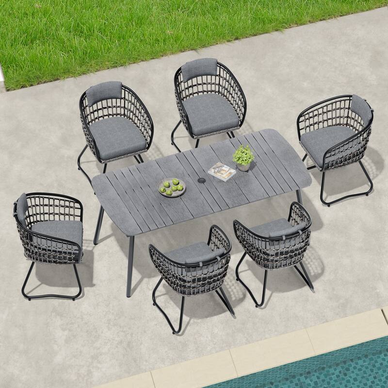 7-Piece Patio Dining Set Aluminum Outdoor Table with Umbrella Hole with Rattan Chairs - 70.9 inches long grey table with grey chairs