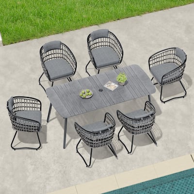 7-Piece Patio Dining Set Aluminum Outdoor Table with Umbrella Hole with Rattan Chairs