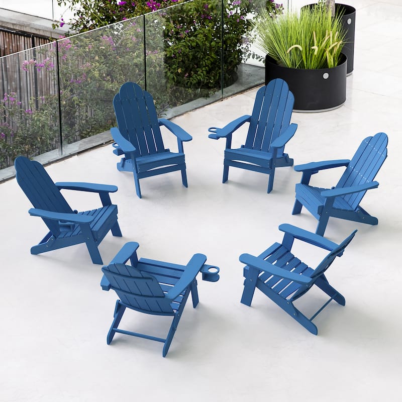 Foldable HDPS Weather Resistant Patio Adirondack Chairs With Cup Holder Set of 6 - 35"D x 30"W x 36.2"H - Blue