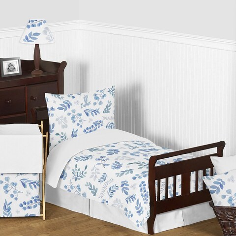 Floral Leaf Boy Girl 5pc Toddler-size Comforter Set - Blue Grey White Boho Watercolor Botanical Flower Woodland Tropical Garden