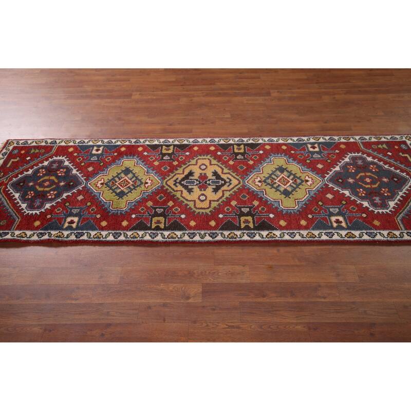 Red Geometric Kazak Oriental Runner Rug Hand-Knotted Wool Carpet - 2'7"x 8'1"