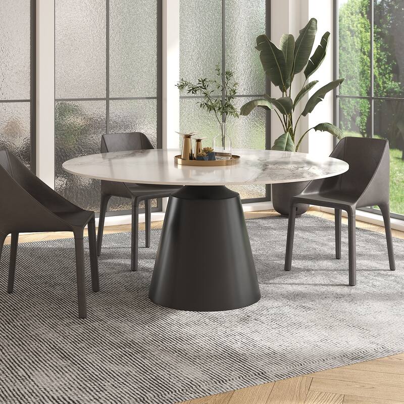 Modern Round Rock Slabs Black Titanium Stainless Steel Pedestal Dining Table