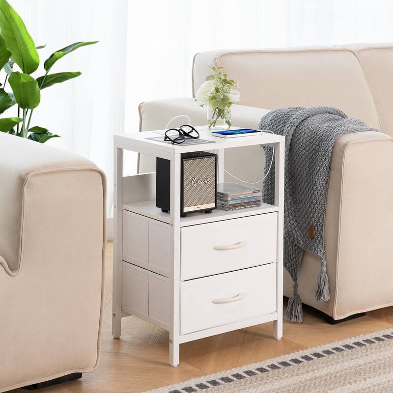 Nightstand with Charging Station, Small Night Stand with Fabric Drawers,Small Spaces Bedside Table with USB Ports & Outlets