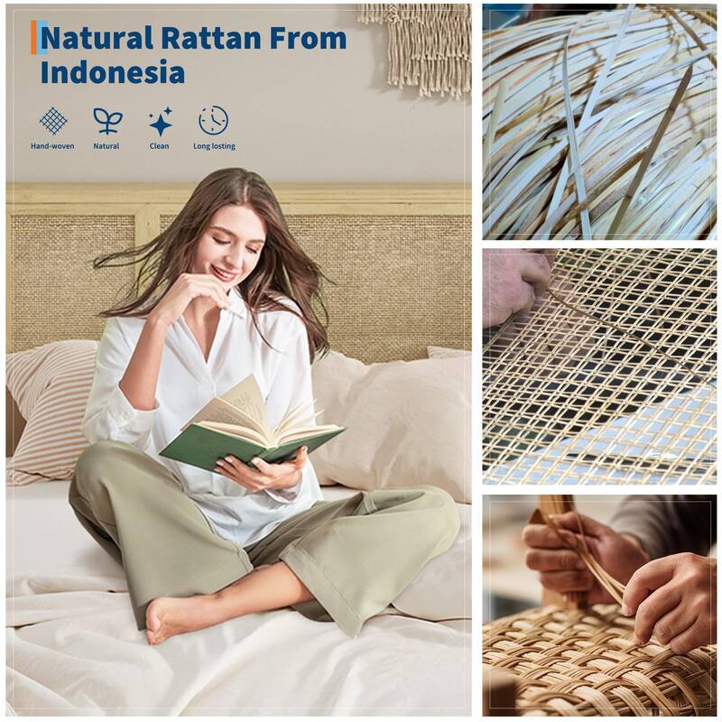 Boho Rattan Headboard Bed Frame with Under-Bed Storage, Sturdy Steel Base & Wooden Slats, No Box Spring Needed