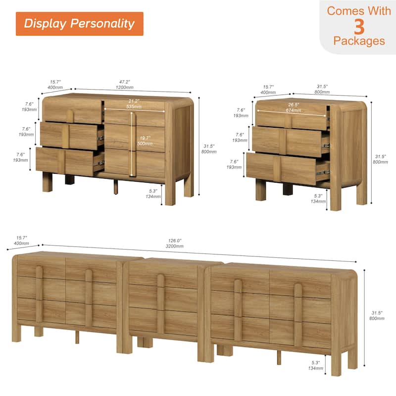 WAMPAT 3-Piece Dresser Set For Bedroom, 125.9" Large Mid Century Dresser For Closet, Curved Profile Wooden Chest Of Drawers