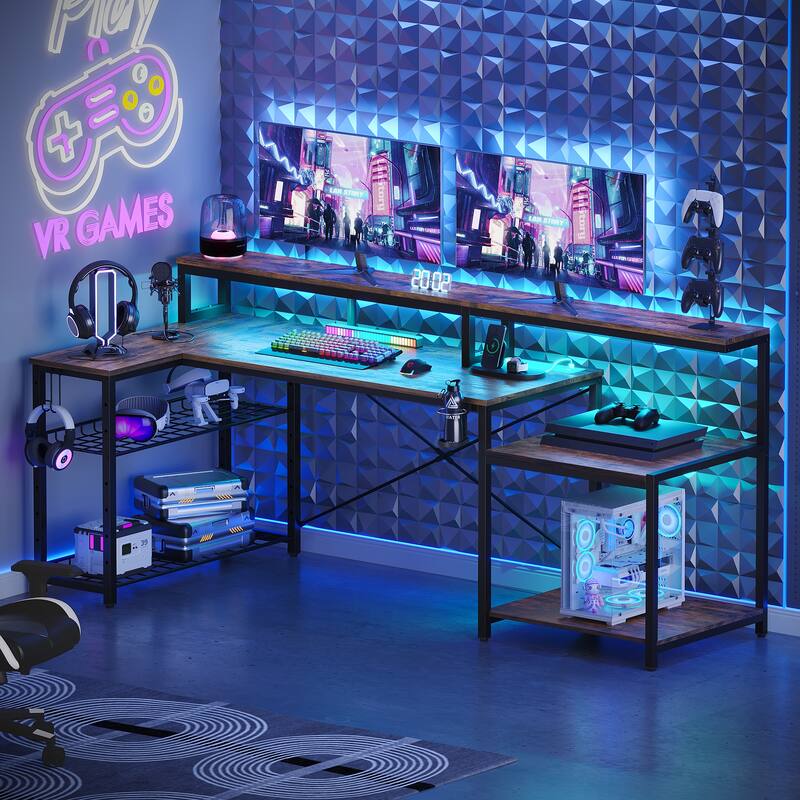 Bestier 71.5“” Computer Desk with Power Outlets, L Shaped LED Home Office Desk with Long Monitor Stand and Cup Holder & Hooks