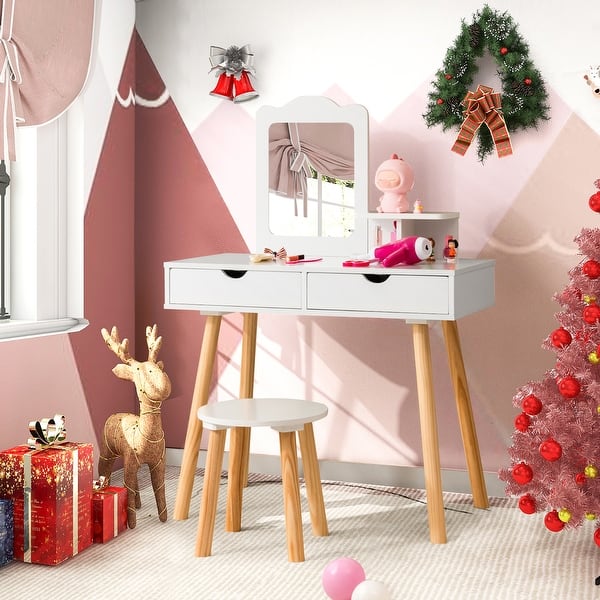 slide 2 of 10, Costway Kid Vanity Table Chair Set with Mirror Large Storage Drawers - See Details White - See Details