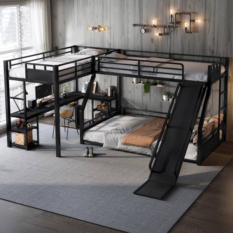 L-shaped Triple Bunk Bed with Loft Bed and Bunk Bed, Metal Storage Bed Frame with Integrated Desk, Open Shelves and Slide