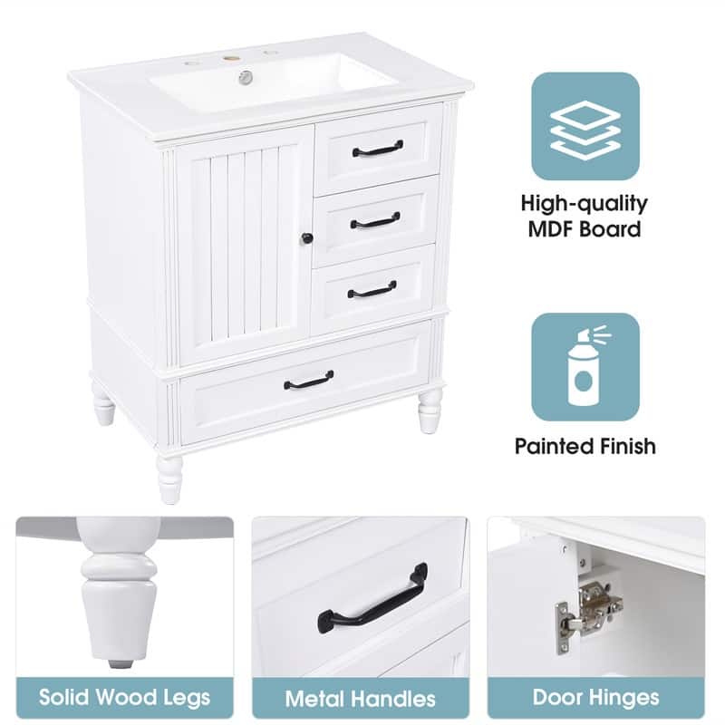 30" Bathroom Vanity with Ceramic Sink Combo, Freestanding Bathroom Vanity Cabinet with 1 Door and 3 Storage Drawers