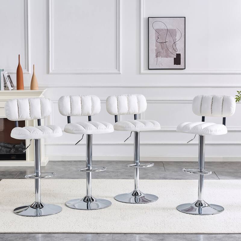 Set of 2 Adjustable Height Bar Stools, White PU Leather with Chrome Base & Footrest