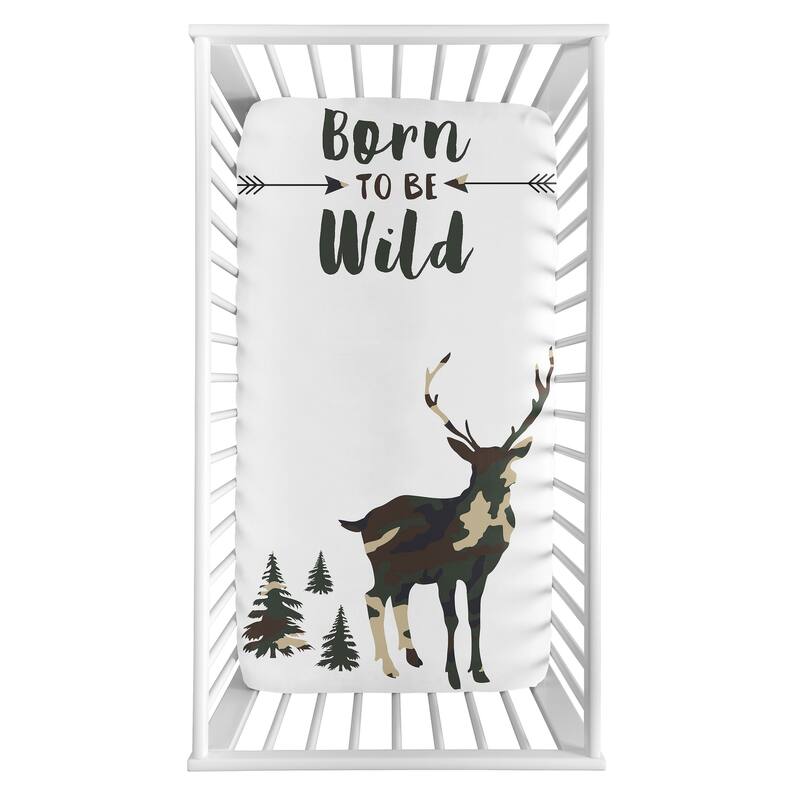 Woodland Camo Deer Collection Boy Photo Op Fitted Crib Sheet - Beige, Green and Black Rustic Forest Animal Camouflage
