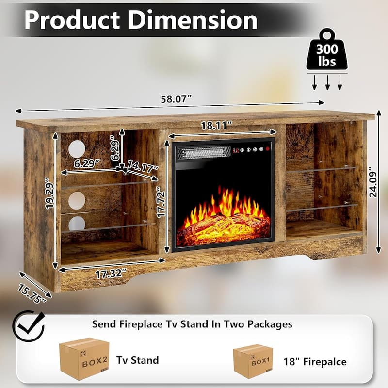 Bossin 58" Fireplace TV Stand with 18'' Electric Fireplace,Modern Entertainment Center for 65'' TVs,TV Console