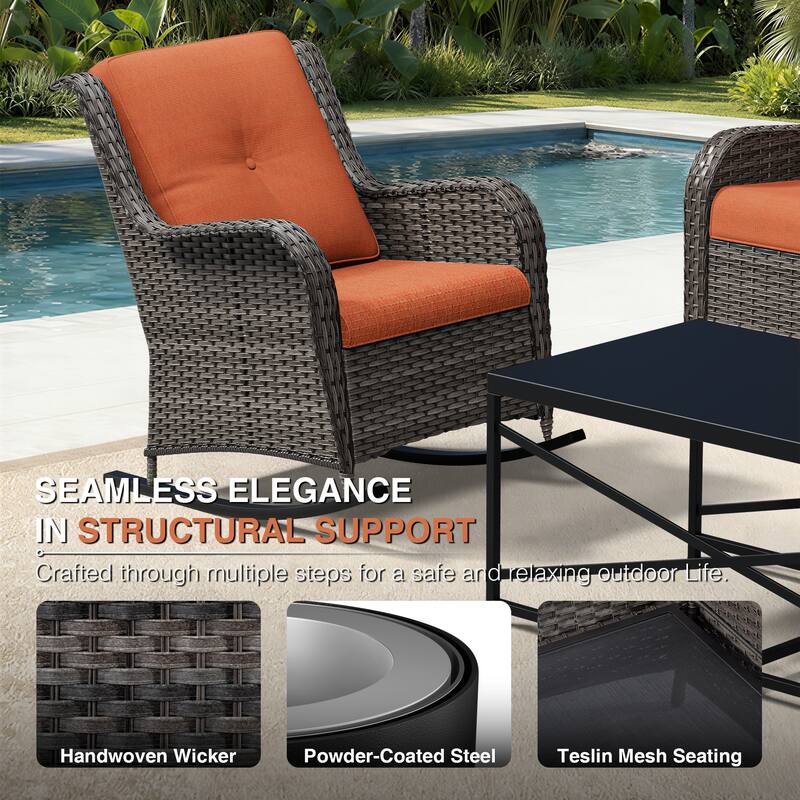 COZYWOR Patio Wicker Rocking Chair Set with Cushions - ORANGE